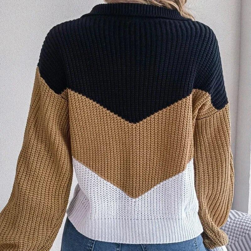 Sweter z dzianiny z dekoltem w serek, swobodny, z długim rękawem, swetry, jesienny nadruk, paski, moda zimowa, luźne swetry 30417