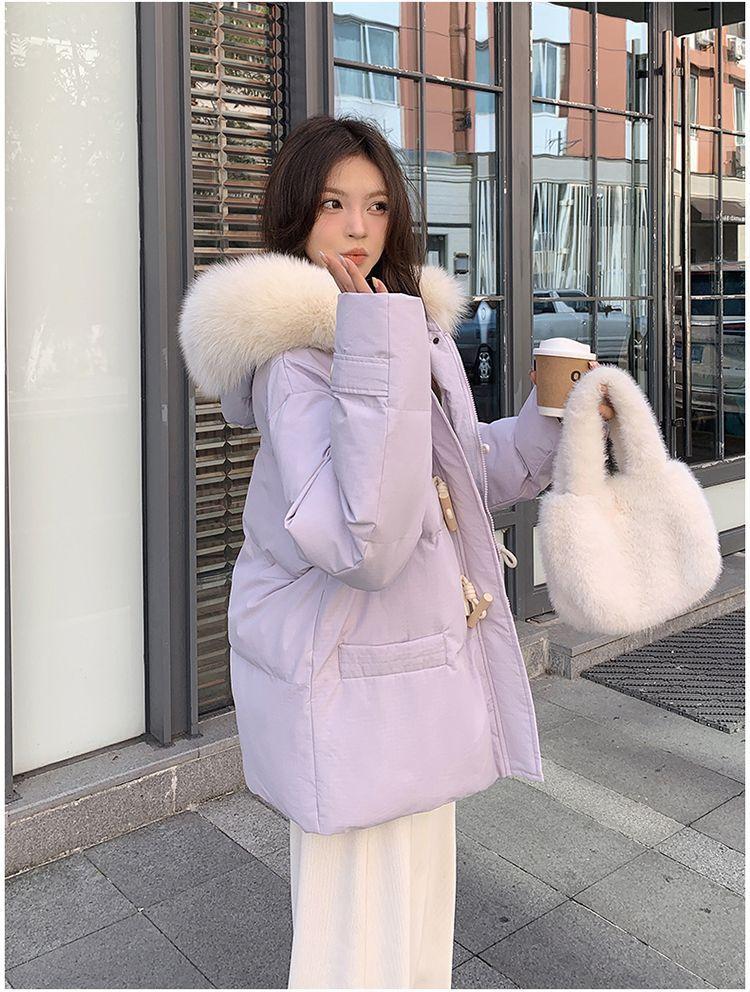 Women's Autumn and Winter Coat Solid Color Horn Button Hooded Fur Collar Loose Thickened Windproof Women's Jacket