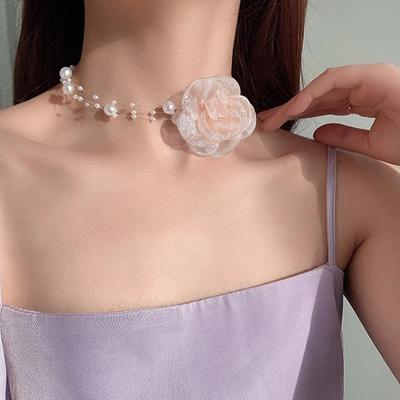 Romantic Pearl Choker Camellia Necklace Summer Clavicle Chain With Fabric Flowers Pearls For Women Dinner Party Jewelry