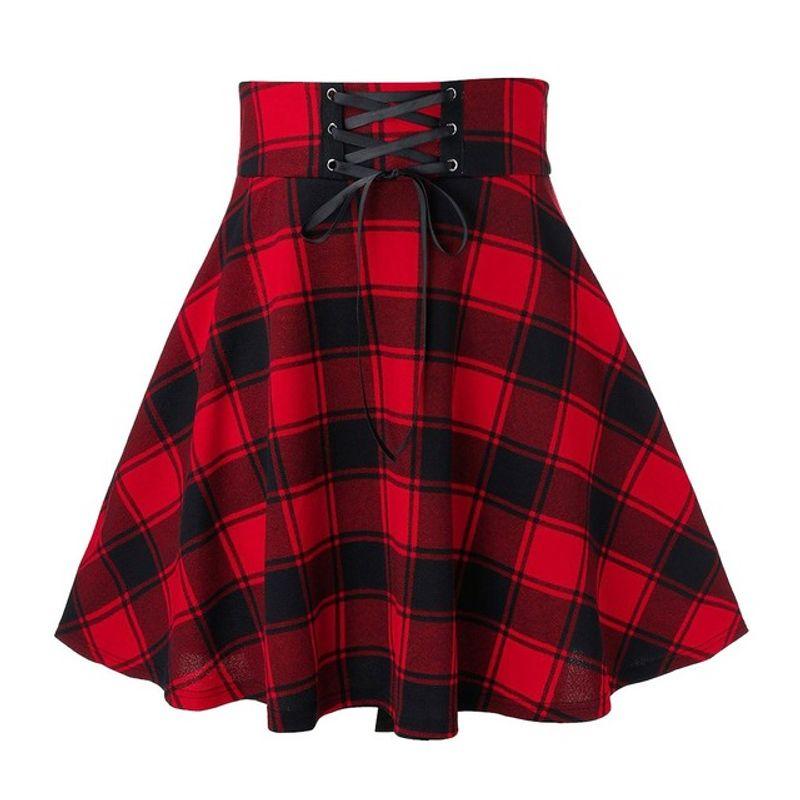 Checked Lace Up Slim a-Line Skirt Plaid Lace Up Slim Fit A- Line Skirt