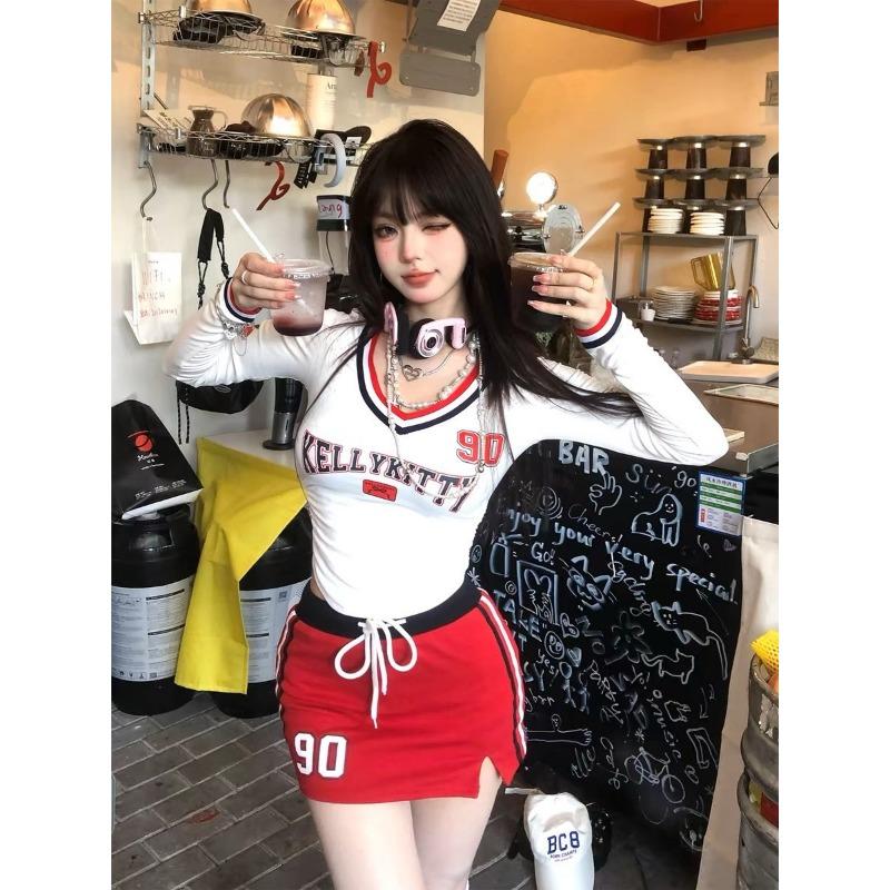 Y2k Estetické Streetwear Trička Ženy Americké Retro Sexy Koketní Pruhované Patchworkové Slim Trička Topy E-girl Podzim