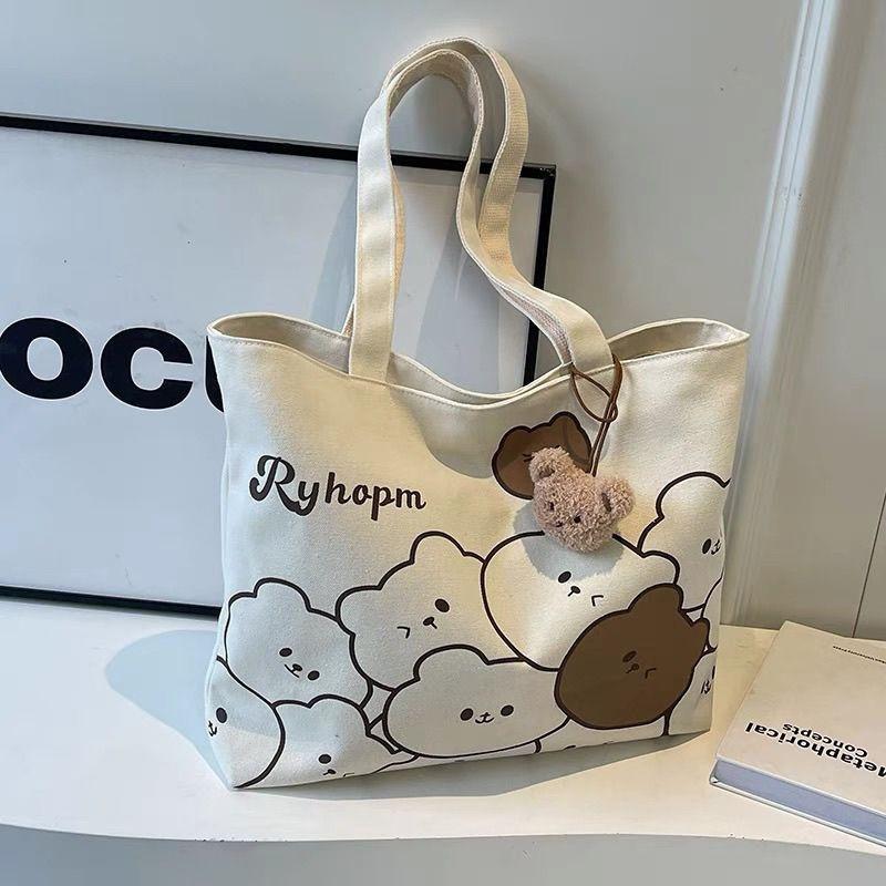 Fashionable Cartoon Printed Cute Bear with Bear Head Pendant, Single Shoulder Large Capacity Student Bag, Versatile Single Shoulder Bag, Handbag