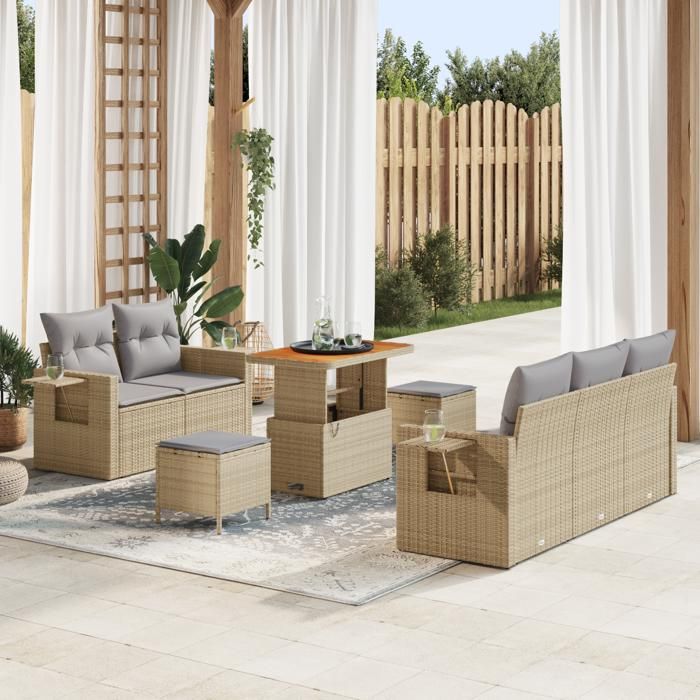 Ensemble de Canapés de Jardin 8 Pièces avec Coussins Beige Rattan Poly Acacia, Ensemble de Salle à Manger de Jardin 3 Pièces 3361692