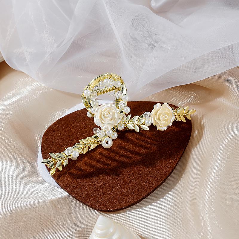 Акулий зажим для волос с цветком розы, Морской ракушечный цветок Лист Алмазная жемчужина Нежный акулий зажим Зажим для затылка