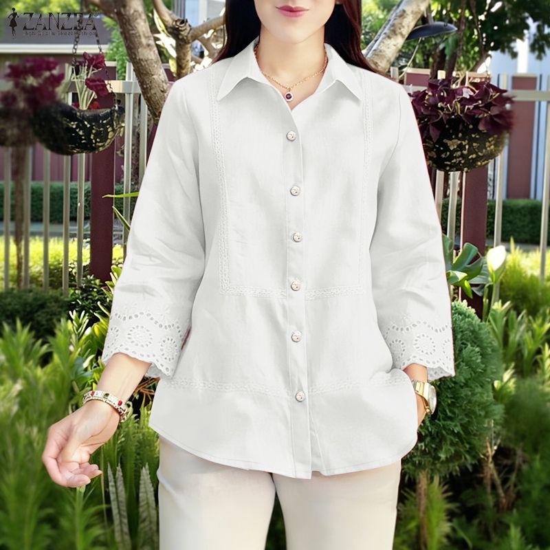 ZANZEA Women Casual Turn Down Collar Loose 3/4 Sleeve Splice Blouse