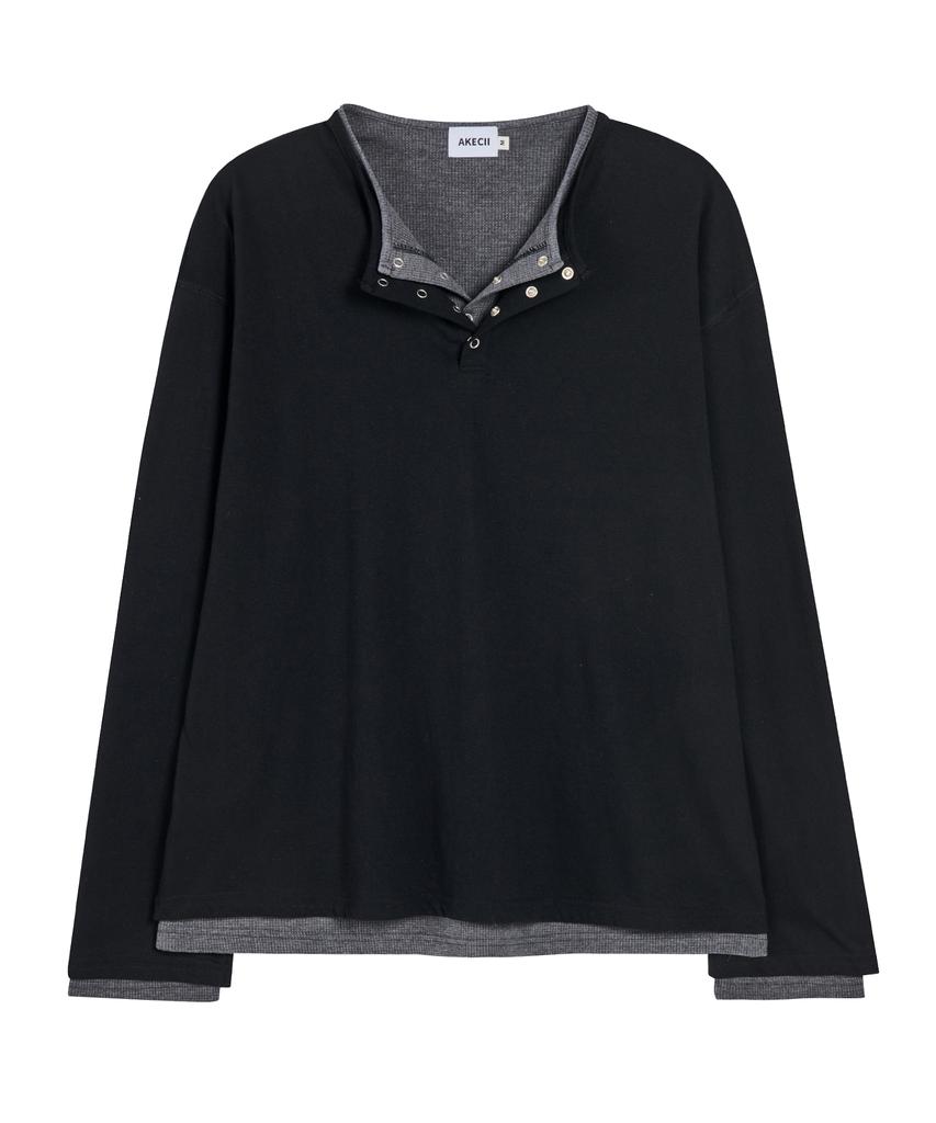Akesi Contra Layered Henley Neck Long Sleeve_Black And Charcoal