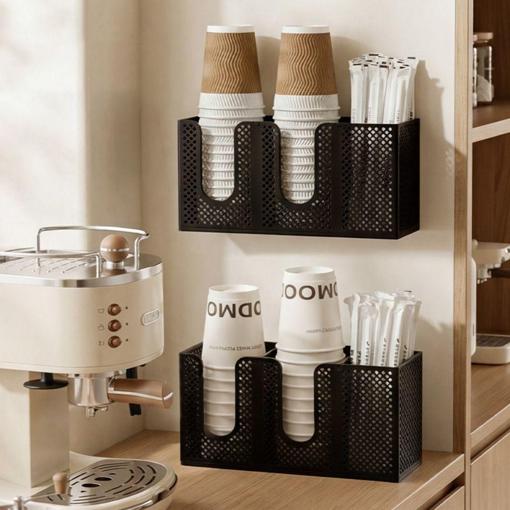 3 Compartments Paper Cup Holder Metal Mesh Straw Organizer Coffee Cup Dispenser Kitchen Counter