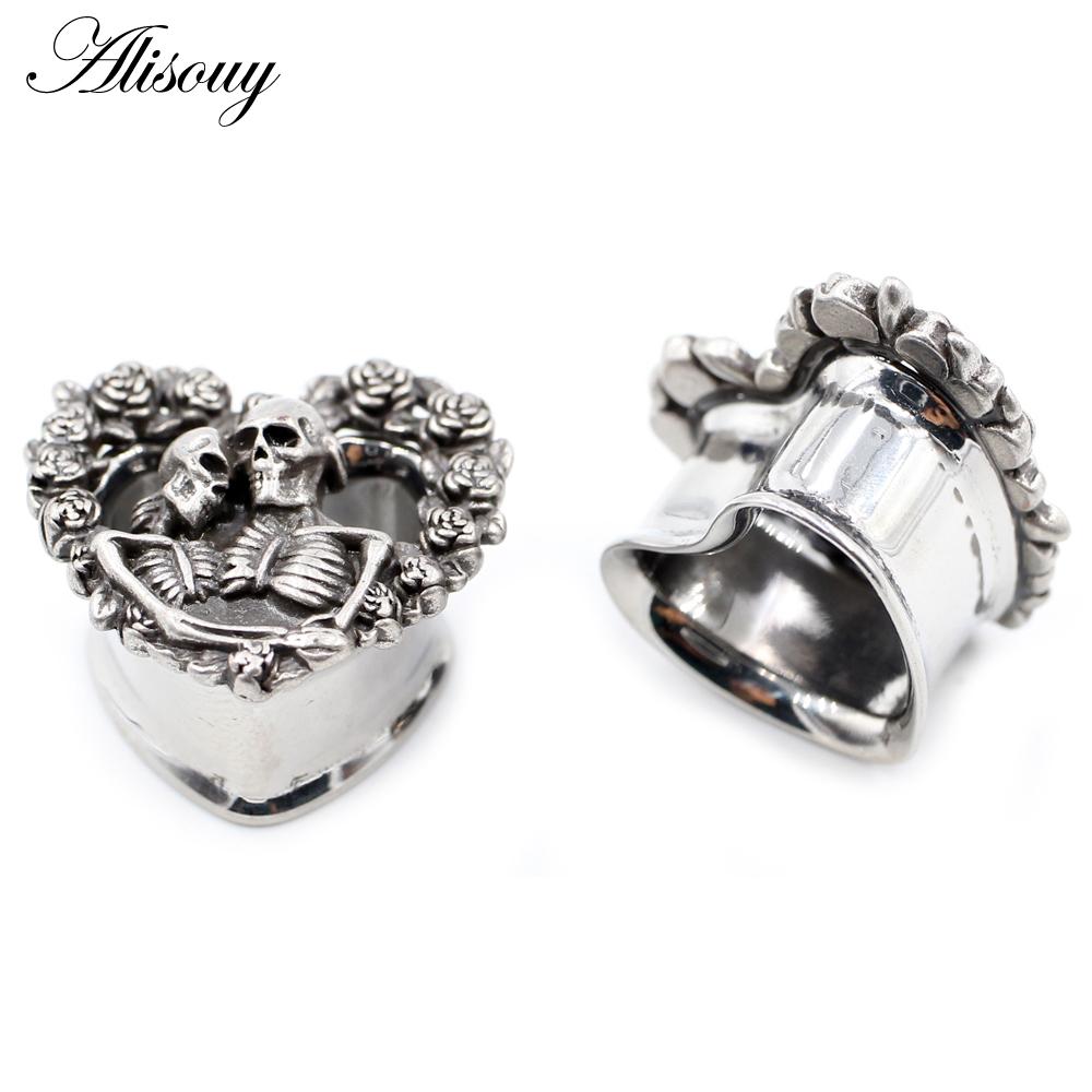 Alisouy 2PCS Retro Stainless Steel Skull Rose Flower Heart Ear Plugs Tunnels Expander Stretchers Gauges Piercing Body Jewelry