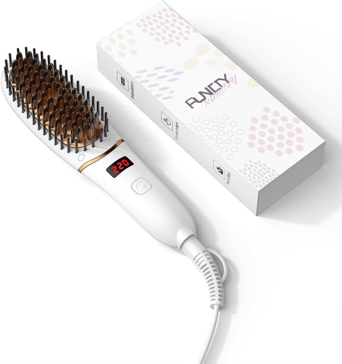 

RUNCTY Heated Brush Hair Iron, Brush-Type Hair Straightener, 50 Million Negative Ions, 30-Second Rapid Heating, 5 Temperature Settings (120-220℃), Shi