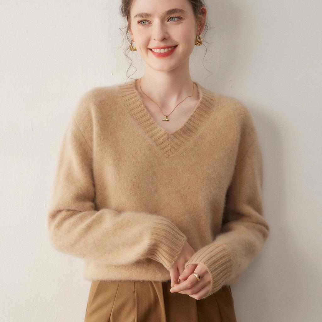Women's Heavyweight Cashmere V-Neck Sweater - Autumn/Winter Loose Fit Pullover