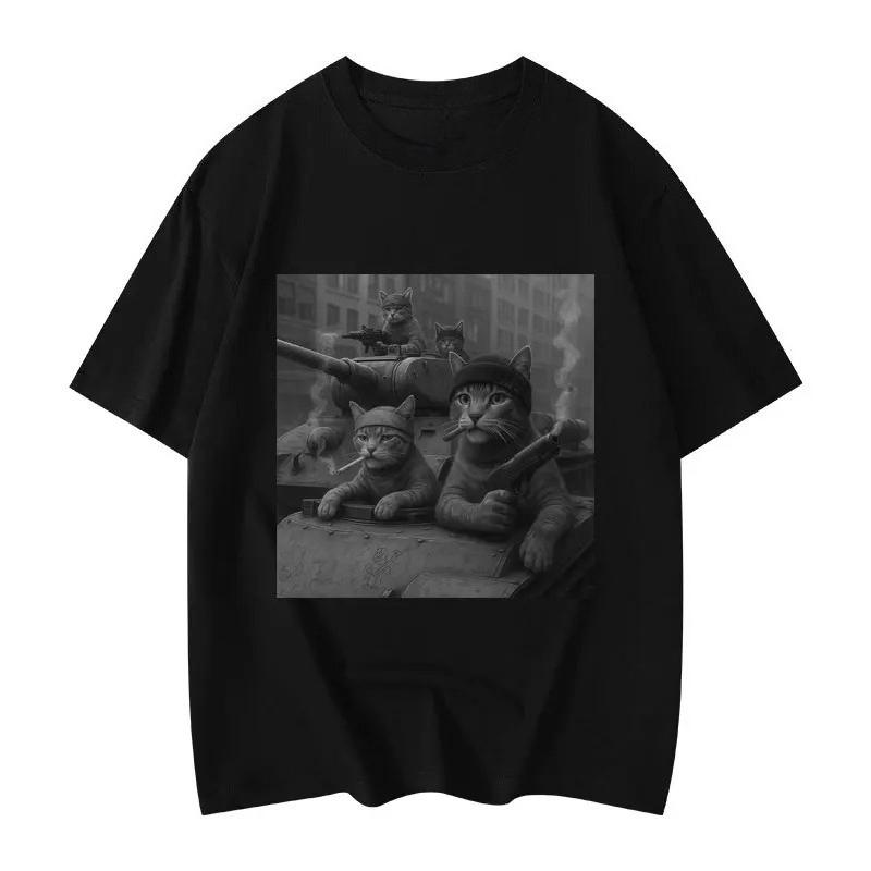 2025 Autumn and Winter American Men's and Women's Fun Cat Print T-shirt Pure Cotton Round Neck Comfortable High-quality T-shirt