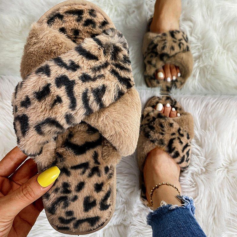 Fashion Leopard Print Fluffy Indoor Slippers for Women Open Toe Cross Strap Plush Slides Woman Winter Faux Fur Comfort House Slippers