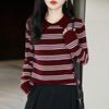Small Lapel Color Block Stripe Wool Sweater - Autumn/Winter Long Sleeve Slim Fit Pullover for Women