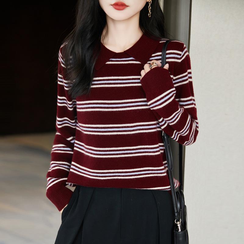 Small Lapel Color Block Stripe Wool Sweater - Autumn/Winter Long Sleeve Slim Fit Pullover for Women
