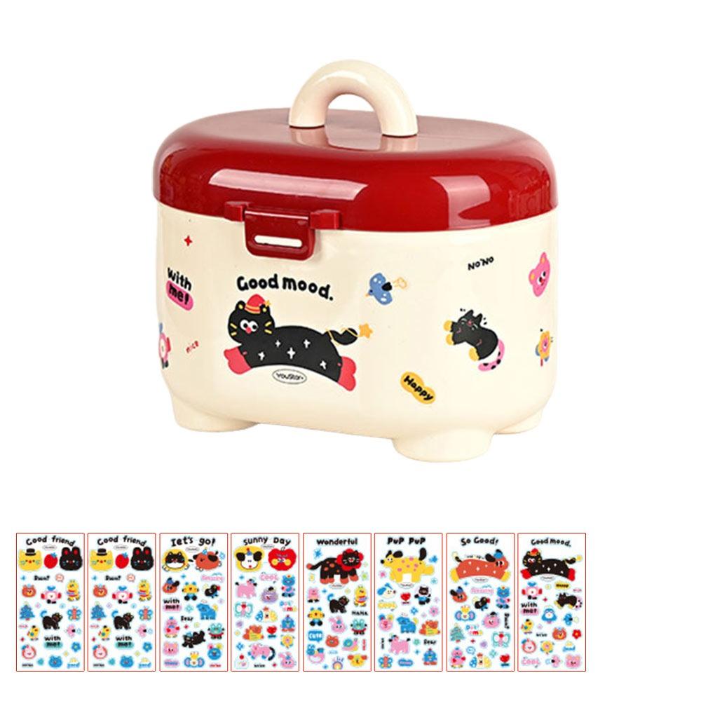 Fashion Dopamine Stationery Storage Box Large Capacity Cartoon Pattern Cosmetics Storage Box Multi Grid with Stickers Pen Holder