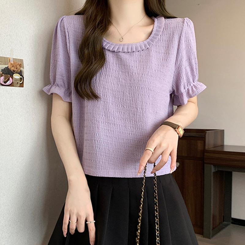 

VONDA Женские летние кружевные блузки с круглым вырезом и короткими рукавами, однотонные L фиолетовый