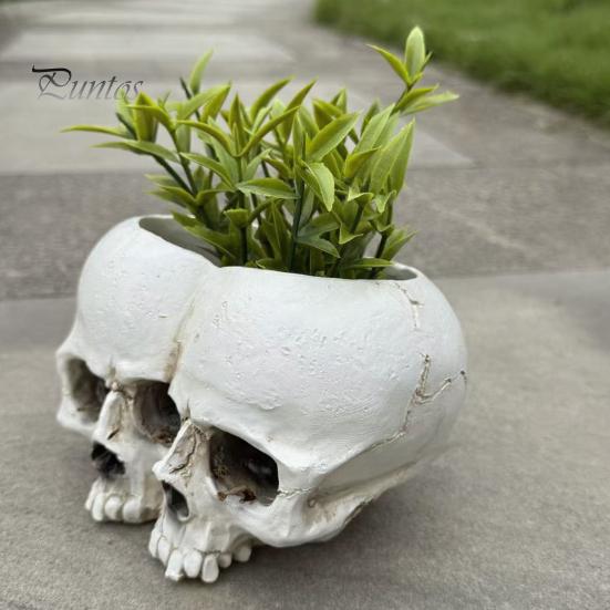 Gothic Style Gift Double Skull Flowerpot for Succulents Green Plants, Realistic Resin Planter, Small Pot Plant Halloween Party & Indoor Outdoor