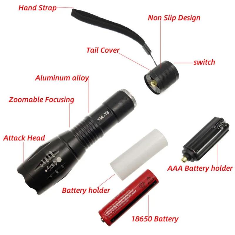 T6 Led Flashlight Ultra Bright Torch 5 Switch Modes Zoomable Focusing Bike Light 18650 Battery/AAA for Camping