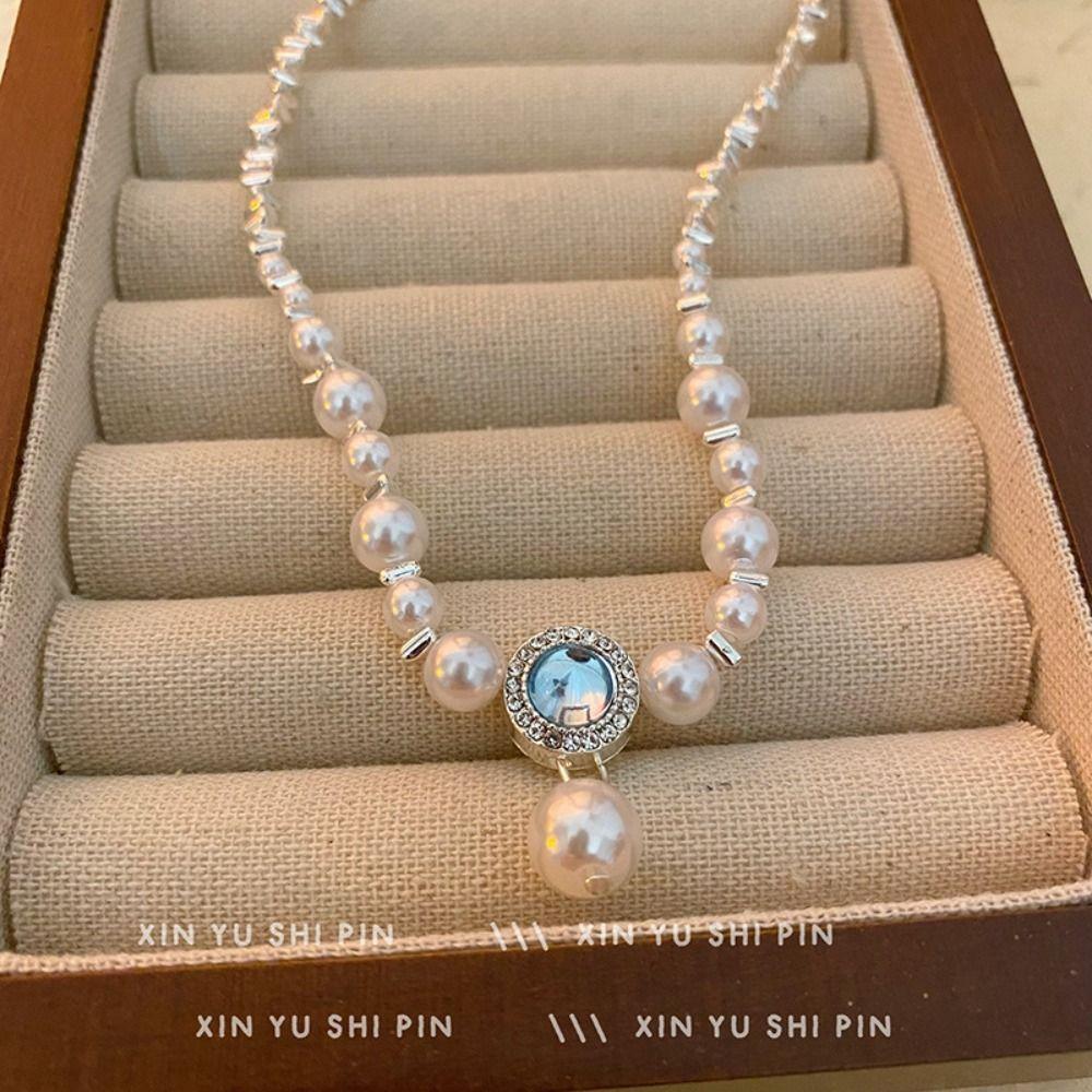 Exquisite Aquamarine Pendant Pearl Necklace Luxury Women Jewelry Pearl Strand Necklace  Gifts