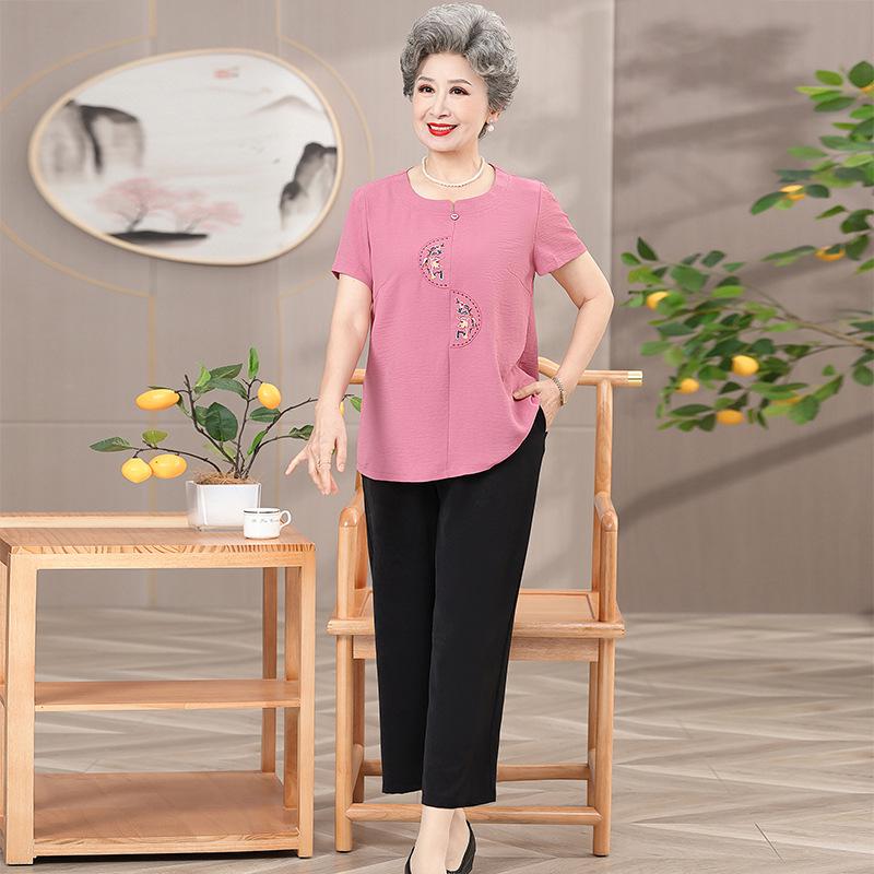 

Grandma s Summer Casual Cotton & Linen Set: Short-Sleeve Embroidered T-Shirt for Elderly Women 3XL (recommended 60-67.5 kg) рожевий