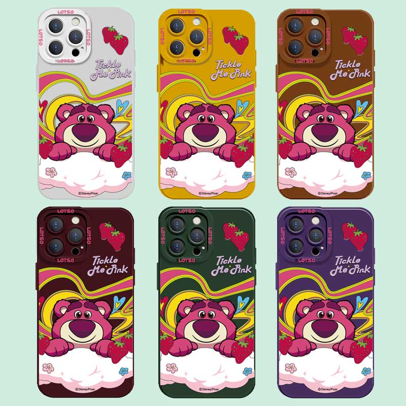 

Чехол для телефона с милым мультяшным клубничным медведем Disney, жидкий силиконовый чехол с квадратным краем и полным покрытием, защитный чехол для камеры для iPhone