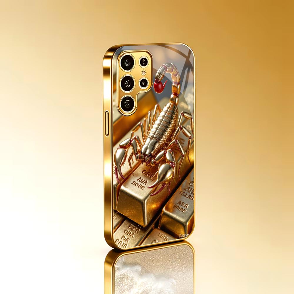 Gold Brick and Scorpion, 2D Electroplated Gold Edge Glass Phone Case For Samsung Galaxy S26 S25 S24 S22 Anti Drop cover