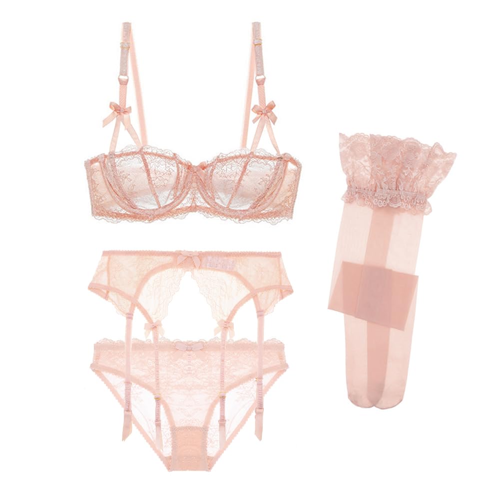Code Bra and Shorts with Garter Belt Sheer Sexy Underwear [Sexy 1701] See-through Stockings, 4-piece Set, Lace, Lingerie, (SV307+N007-Pink-70D)