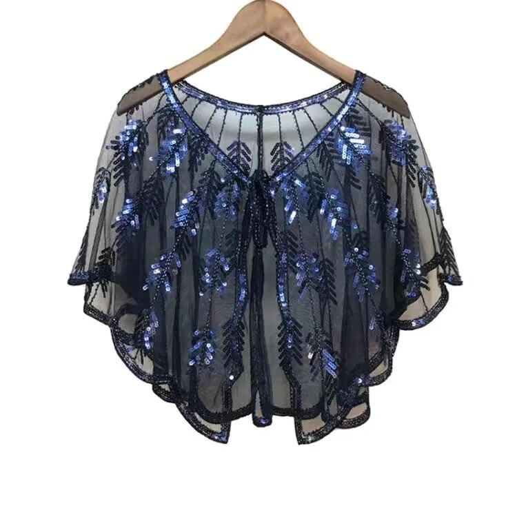Retro Beaded Sequin Shawl Vintage Flapper Evening Cape Sheer Mesh Embroidery Leaf Women Bolero Party Accessories