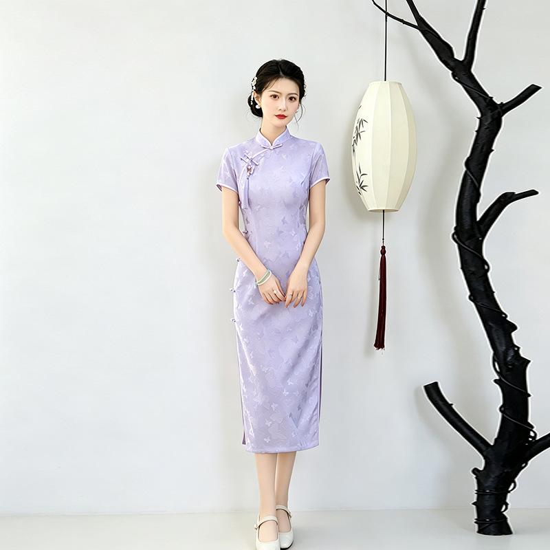 Purple is sent to test the national style, new Chinese style, daily Suzhou long cheongsam, improved young 1011 new women's high sense