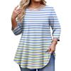 Ladies Stripe Print Plus Size 3/4 Sleeve Rounded Hem Round Neck Fashion Top