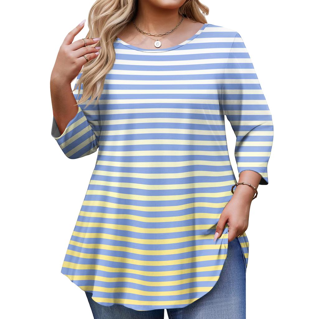 Ladies Stripe Print Plus Size 3/4 Sleeve Rounded Hem Round Neck Fashion Top