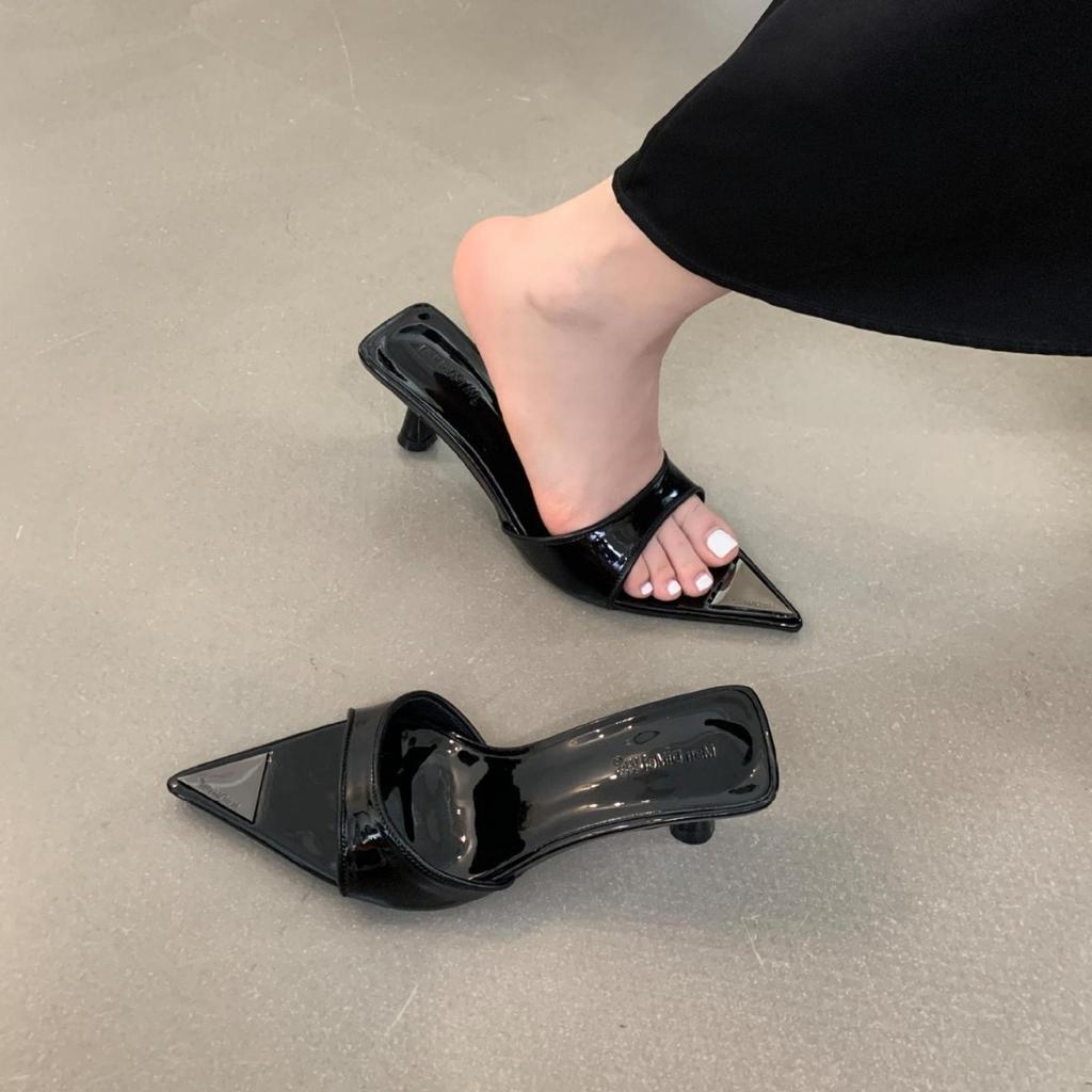 Fashion Shoes Slippers Women Summer Heeled Mules Pointed Toe Low Slides Pantofle High Thin Soft 2024 Concise PU Pumps Sexy Fabric Rome