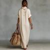 New Short Sleeve Holiday Elegant Party Dress, Women Summer Turn-Down Collar Simple Maxi Dress, Loose Patchwork Ladies Dress