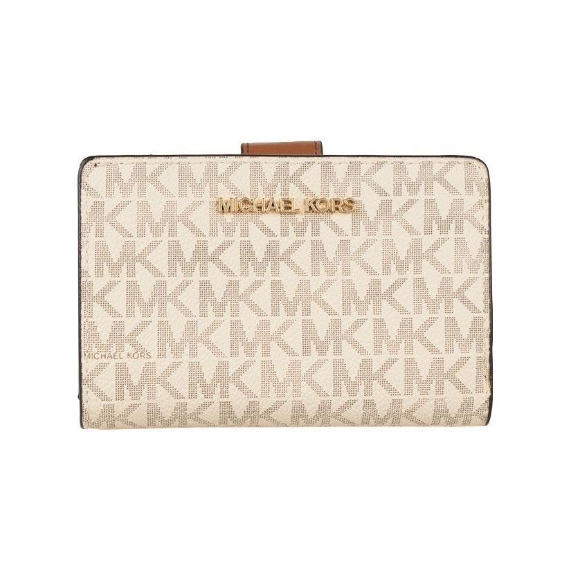

Michael Kors Metal Logo Double Fold PVC Leather Wallet Women Wallet Beige D35F8GTVF2B-VANILL Basic Set (Bag+Box)