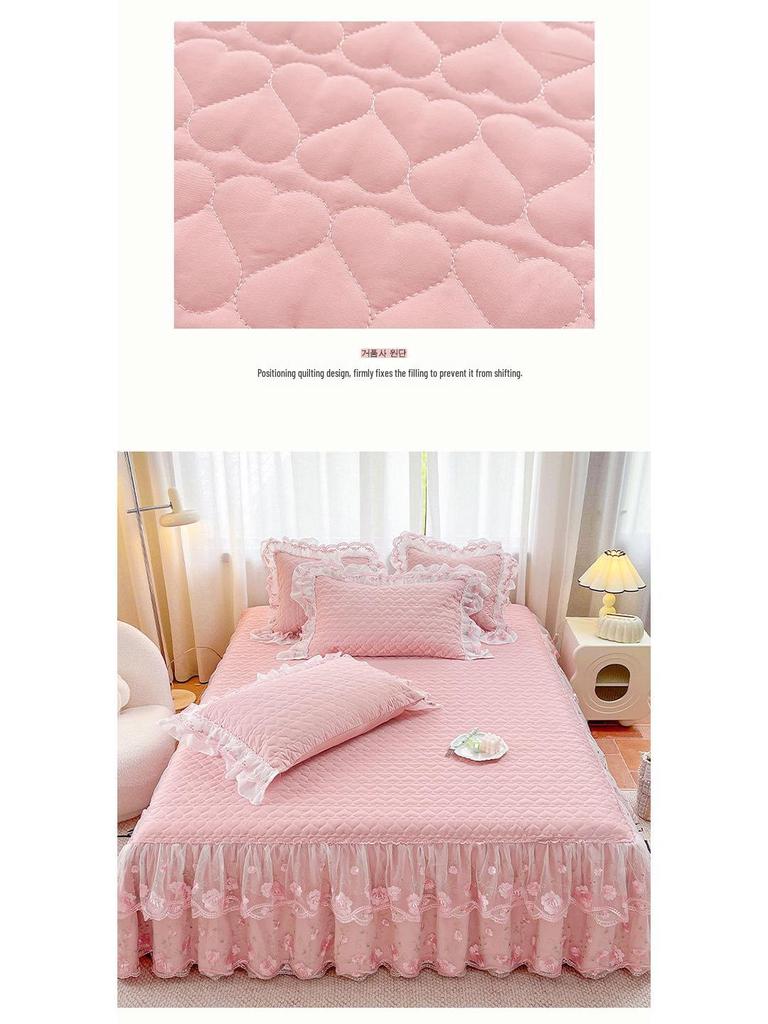 Korean Style Lace Bed Skirt & Sheet Set - 3-Piece Quilted Dustproof Full Wrap Bed Cover