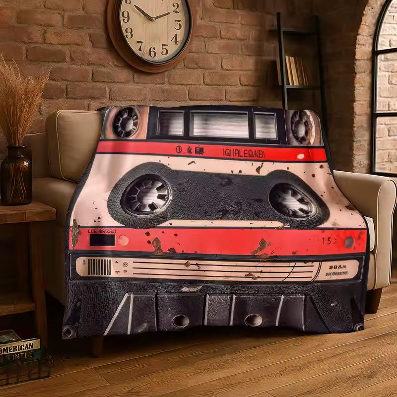 Retro Tape Cassette Music Flannel Blanket Soft Warm Throw Blanket for Bedroom Living Room Bed Travel Camping Picnic Cover Gift