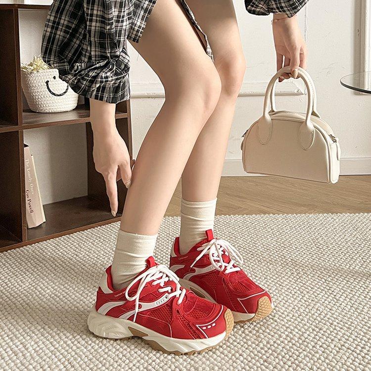 Leather mesh dad shoes women 2025 autumn new breathable lightweight soft sole versatile red casual sports shoes tide