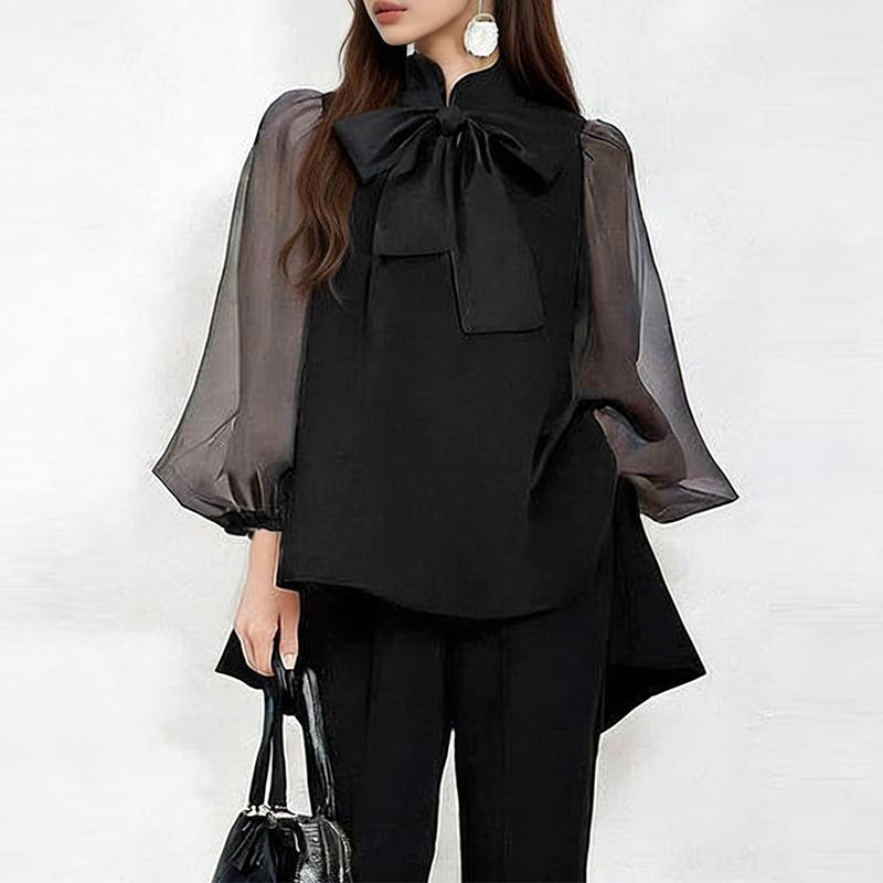 ZANZEA Women Casual Stand Collar See-Through Mesh Splice Nine Quarter Sleeve Elegant Blouse M чёрный