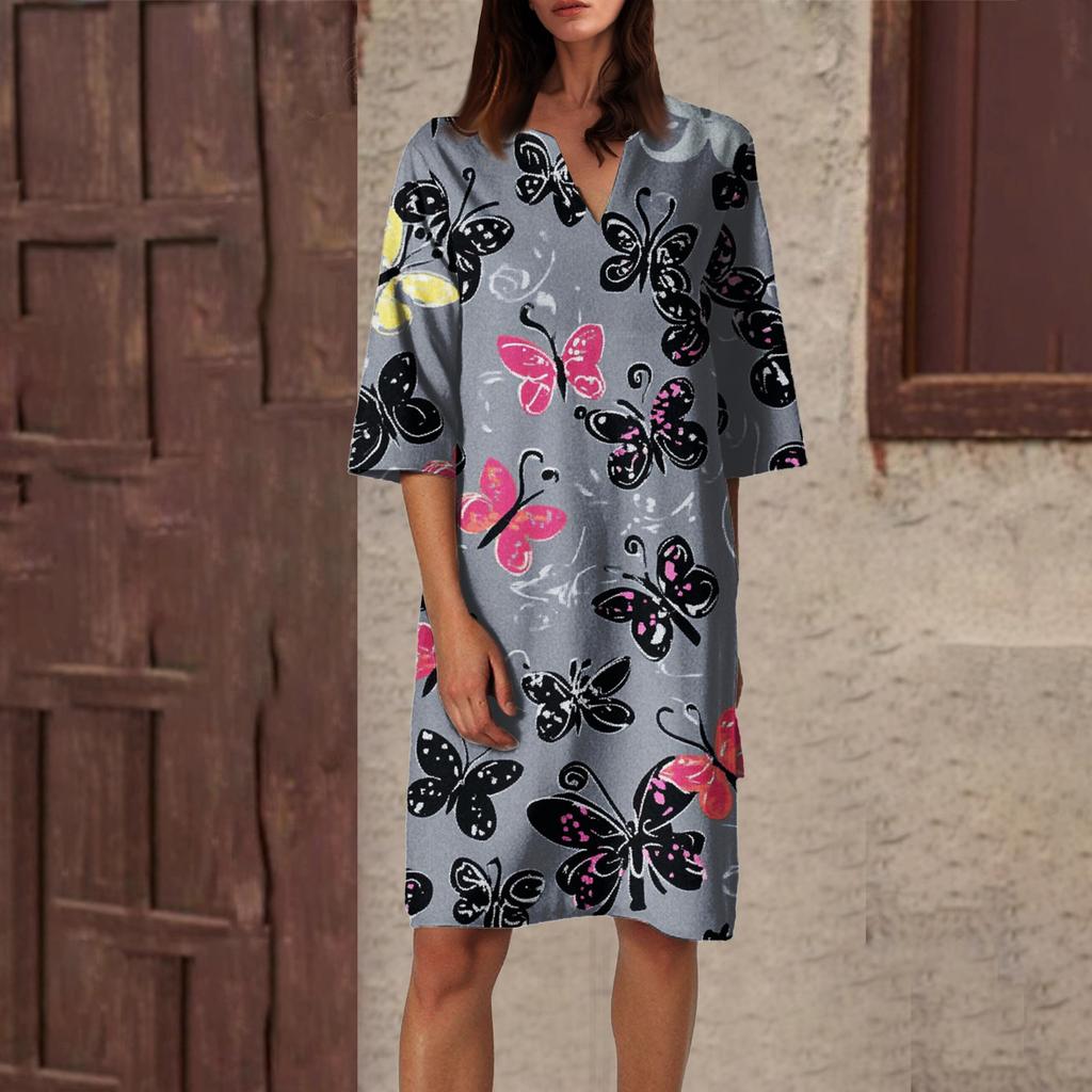 Women's Summer Retro Floral Print V-Neck Half Sleeve Dress Lightweight Breathable Dress