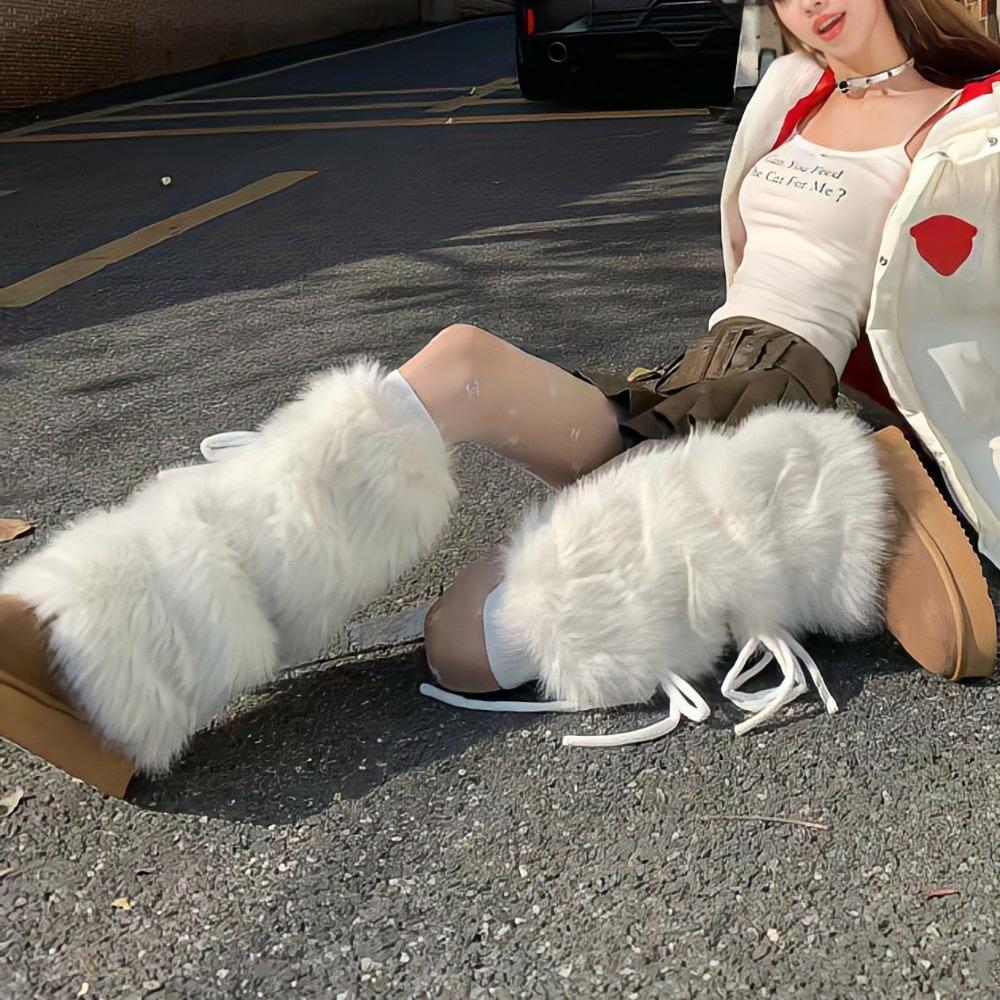 Couvre-jambes d'hiver épais et chauds en peluche pour femmes avec nœud papillon, leggings en fourrure et chaussettes montantes pour bottes de neige