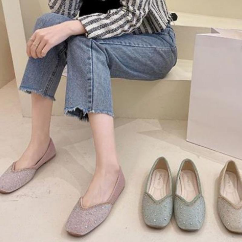 WTEMPO Dámské ploché boty Módní síťovina se čtvercovou špičkou Prodyšná Pohodlná Měkká podešev Drahokamu Všestranný Temperament Nízký podpatek Samostatné boty