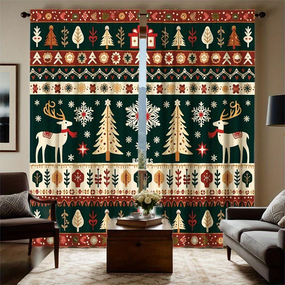 2pcs Christmas Curtains with Reindeer Snowflakes & Trees Design - Velvet-Like Polyester Fabric Semi-Translucent Rod