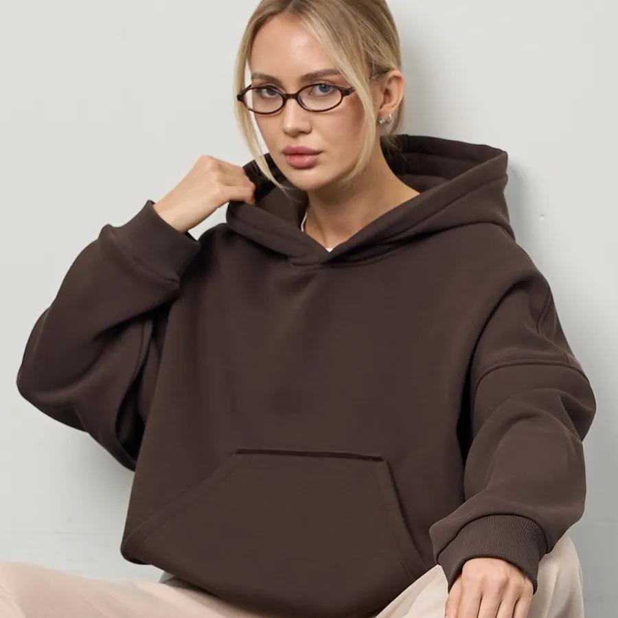 Women's Casual Solid Color Hooded Sweatshirt, European Style, Fitted Waist, Long Sleeves, Short Length, Pullover Style.