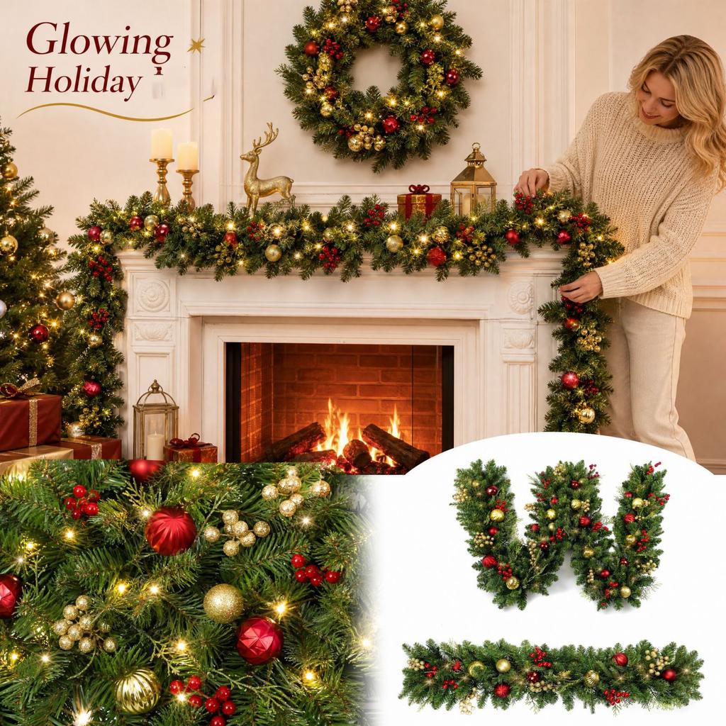 Christmas Garland with Lights, Red and Gold Ball Ornaments, Artificial Branches with Red Berries for Fireplace Mantel Door Decor
