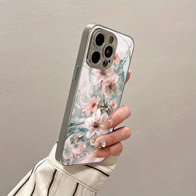 Beautiful Pink Flower Pattern Electroplated Silver Phone Case For Samsung Galaxy S25 S24 S23 Ultra Plus FE Tempered Glass Cover