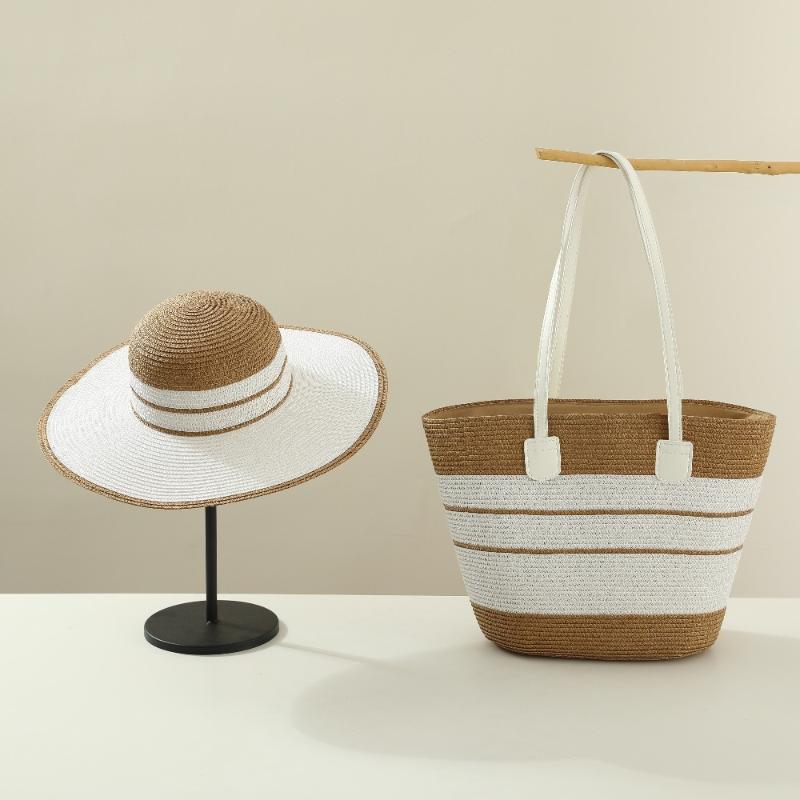 Straw Hat Tote Bag Set Adjustable Wide Brim Sun Hat Sturdy Woven Handbag 2Pcs for Women Outdoor Summer Activities