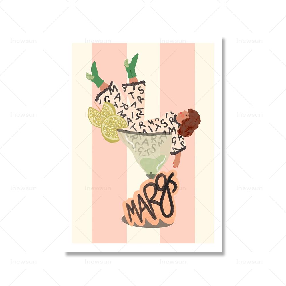 Farbenfroher botanischer Cocktail-Kunstdruck, Margarita-Cocktail-Mädchen, Poster, Zitronenbeine, Getränke, Leinwandgemälde, Küche, Club, Wanddekoration