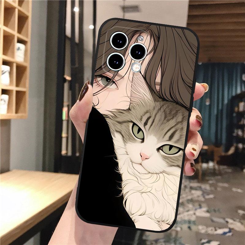 Anime Girl Woman Holding a Cat Phone Case For iphone 16 15 14 Pro Max 16 15 14 13 12 Pro 15Plus iphone 11