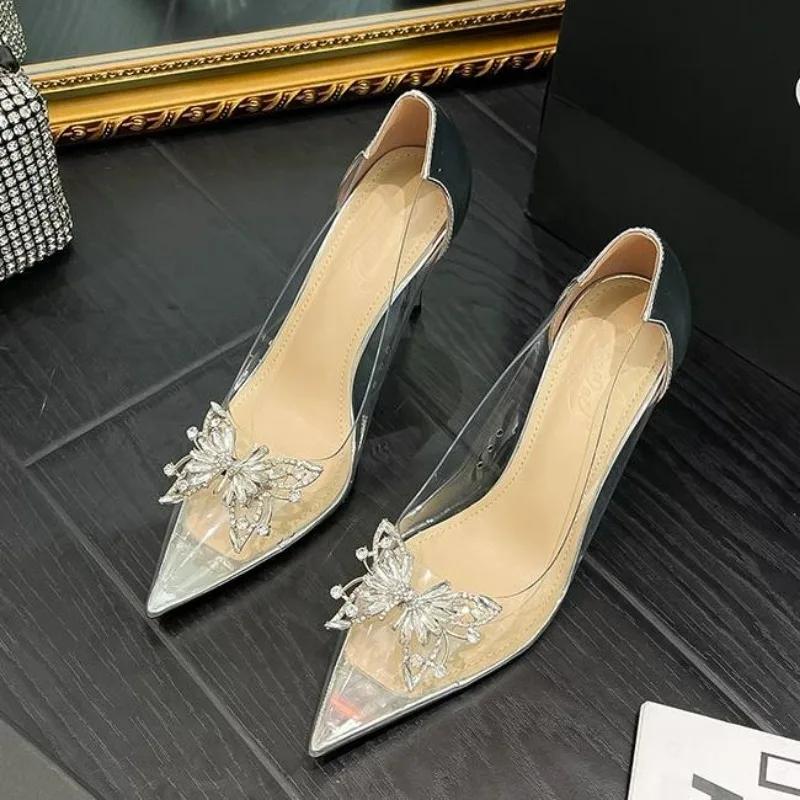 New Pointed Crystal Fairy Ladies Wind Sandals Rhinestone Butterfly-knot Transparent High Heel Women Sandals Fashion Shoes