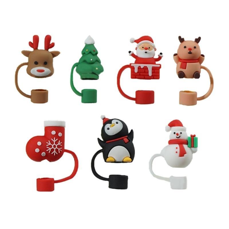 7pcs Christmas Silicone Caps for Straws Reusable Cartoon Drinking Straw Caps top sale China Mainland